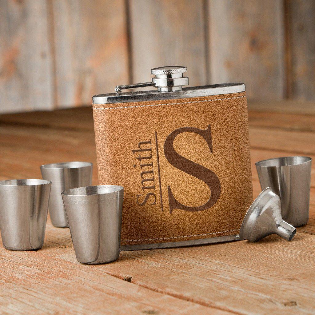 Modern Monogram Tan Hide Flask Gift Set-Flask-JDS Marketing-Top Notch Gift Shop