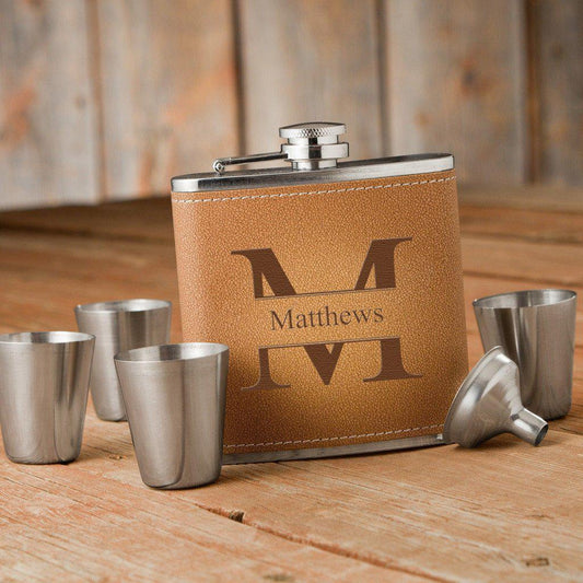 Stamped Monogram Tan Hide Flask Gift Set-Flask-JDS Marketing-Top Notch Gift Shop