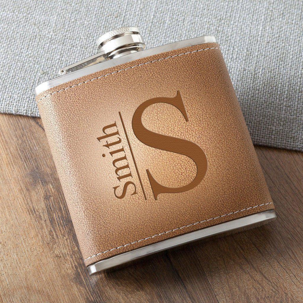 Monogrammed Tan Hide Stitched Flask-Flask-JDS Marketing-Top Notch Gift Shop