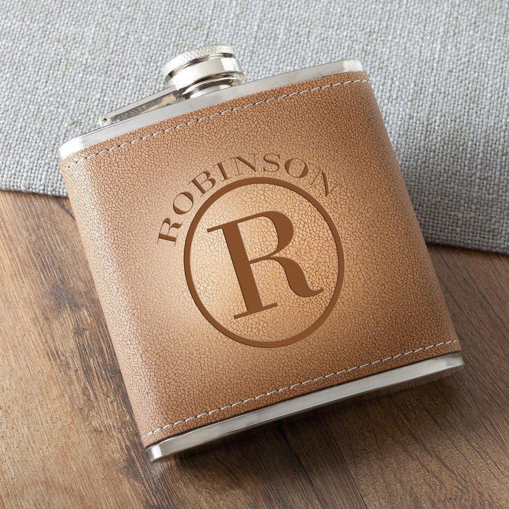 Monogrammed Tan Hide Stitched Flask-Flask-JDS Marketing-Top Notch Gift Shop