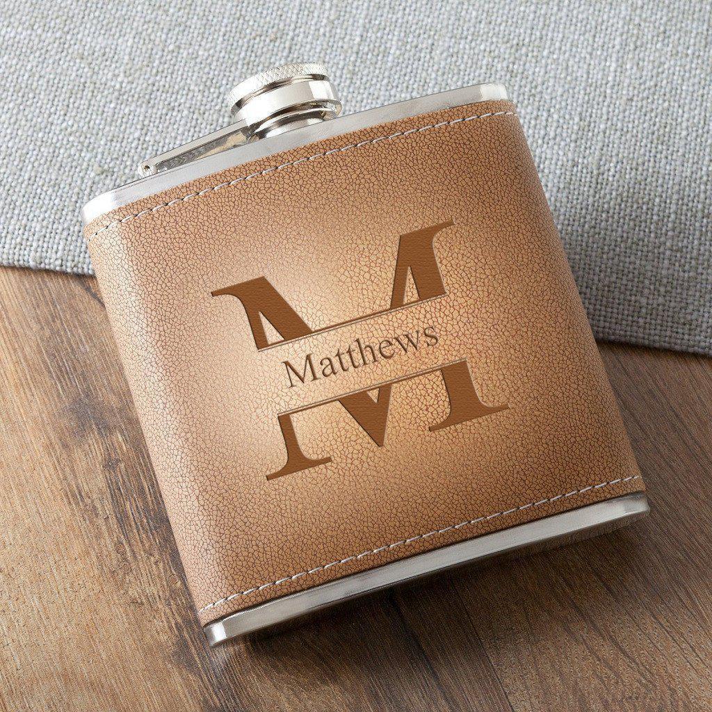 Monogrammed Tan Hide Stitched Flask-Flask-JDS Marketing-Top Notch Gift Shop