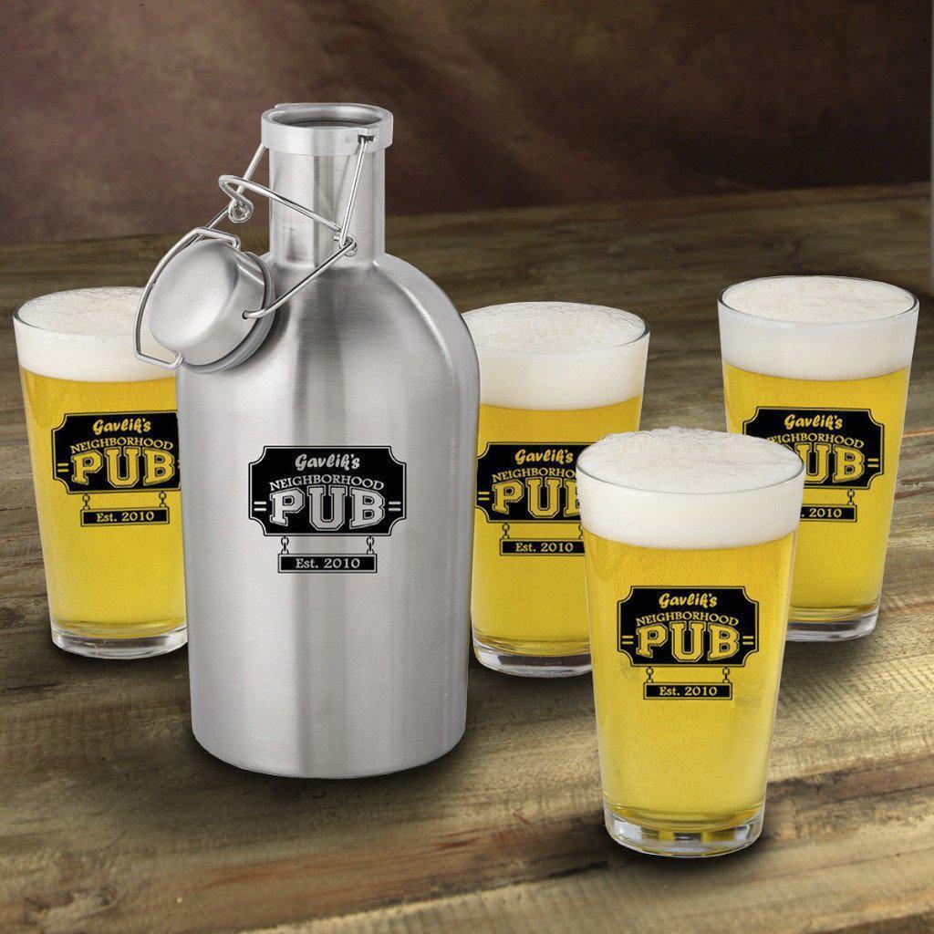 Neighborhood Pub Personalized Stainless Steel Beer Growler with Pint Glass Set-Growler-JDS Marketing-Top Notch Gift Shop