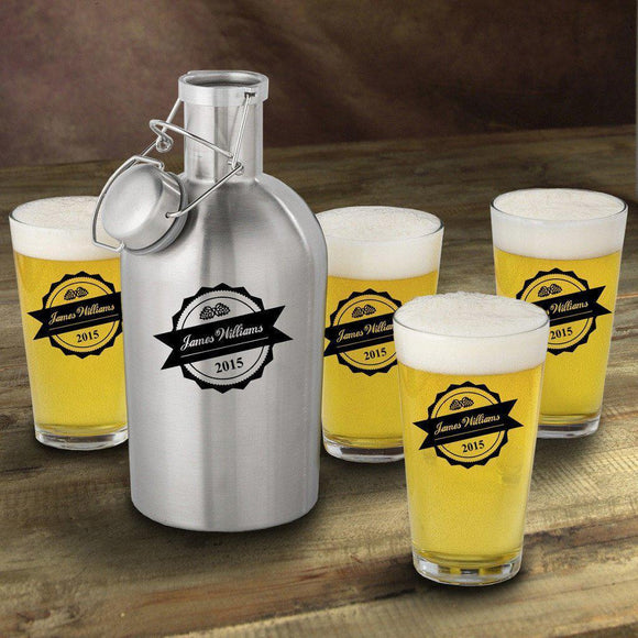 Bottle Top Personalized Stainless Steel Beer Growler with Pint Glass Set-Growler-JDS Marketing-Top Notch Gift Shop