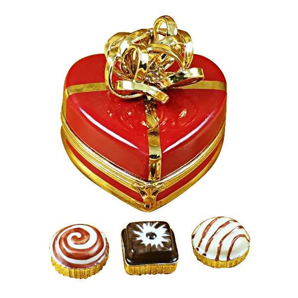 Red Heart with Gold Bow and Truffle LImoges Box by Rochard-Limoges Box-Rochard-Top Notch Gift Shop