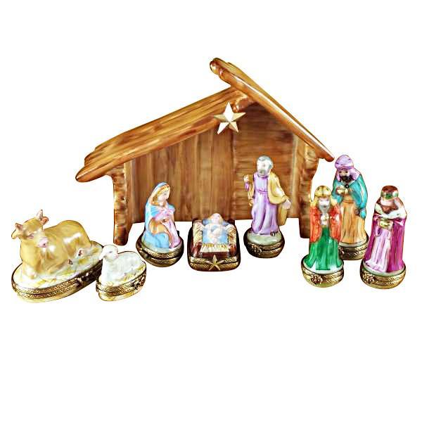 Eight Piece Mini Hinged Limoges Nativity with Porcelain Stable-Limoges Box-Rochard-Top Notch Gift Shop