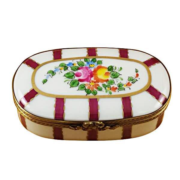 Oval Burgundy Stripes With Flowers Limoges Box by Rochard™-Limoges Box-Rochard-Top Notch Gift Shop