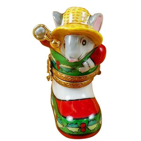 Santa Mouse In Stocking Limoges Box by Rochard™-Limoges Box-Rochard-Top Notch Gift Shop