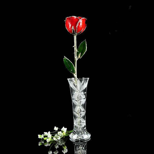 Sterling Silver Tipped Red Rose with Crystal Vase-Gold Trimmed Rose-The Rose Lady-Top Notch Gift Shop