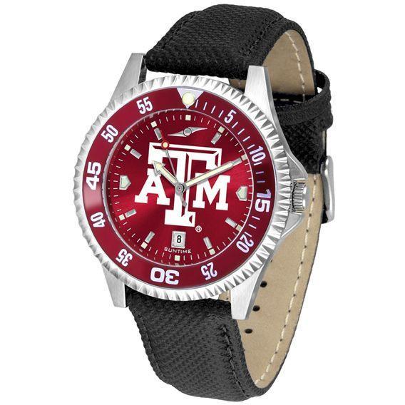 Texas A&M Aggies Mens Competitor Ano Poly/Leather Band Watch w/ Colored Bezel-Watch-Suntime-Top Notch Gift Shop