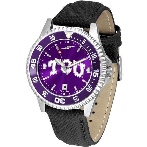 Texas Christian Horned Frogs Mens Competitor Ano Poly/Leather Band Watch w/ Colored Bezel-Watch-Suntime-Top Notch Gift Shop