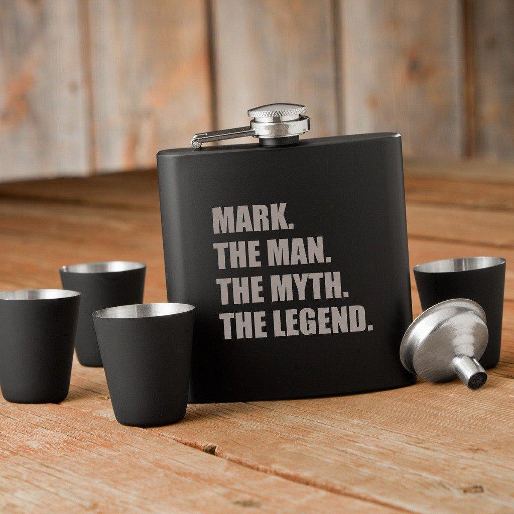 The Man. The Myth. The Legend Matte Black Flask and Shot Personalized Glass Set-Flask-JDS Marketing-Top Notch Gift Shop