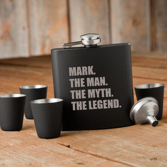 The Man. The Myth. The Legend Matte Black Flask and Shot Personalized Glass Set-Flask-JDS Marketing-Top Notch Gift Shop