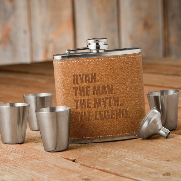 The Man. The Myth. The Legend. Tan Hide Stitched Flask and Shot Personalized Glass Set-Flask-JDS Marketing-Top Notch Gift Shop